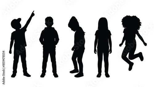 Silhouettes of diverse children: boys and girls in various poses