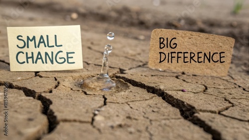 A single water drop watering dry cracked soil with labels