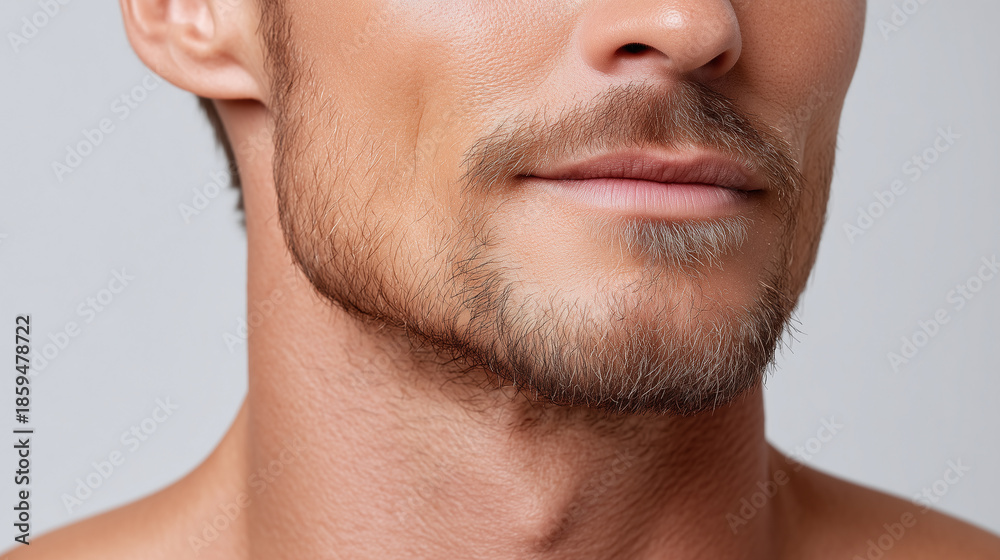 Obraz premium Close up of male lower face with light beard and smooth skin under soft white lighting, showing natural texture and subtle facial hair detail in calm expression
