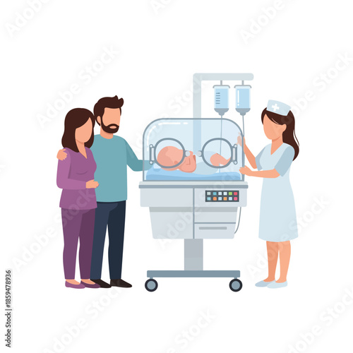 Couple visiting newborn twins in hospital nursery with medical staff