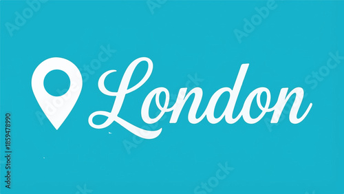 London city name in script font with location pin on teal background