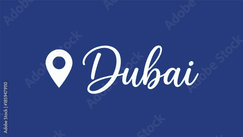 Dubai text with location pin icon on a vibrant blue background