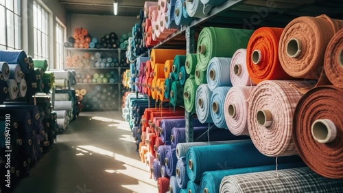 Textile Treasures: A visual feast of textile rolls, meticulously organized within an industrial warehouse, showcasing a vibrant array of colors and textures