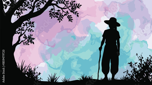 Solo traveler silhouette on a journey through vibrant watercolor landscape