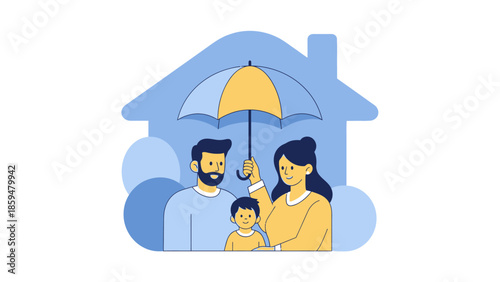 family enjoying outdoor time under umbrella with house backdrop outdoor scene