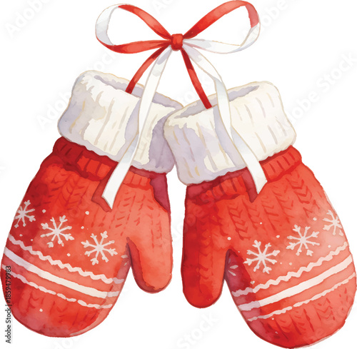 Watercolor Painted Festive Red Mittens Decorated with Snowflakes and Ribbon Illustration