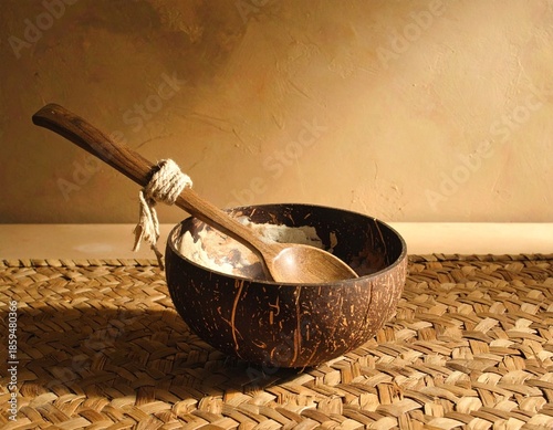 Traditional Coconut Ladle Still Life with Warm Artistic Style