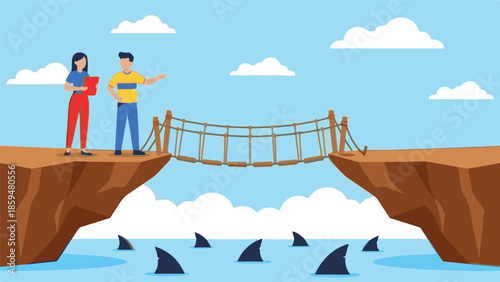 Business challenge and risk concept with people, rope bridge, and sharks