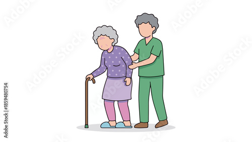 Caregiver assisting elderly woman with a cane, depicting senior health support