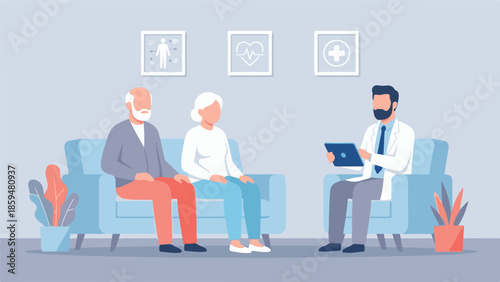 Senior couple having a medical consultation with doctor using tablet