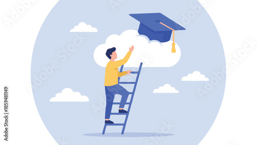 Achieving educational goals, man climbing ladder to reach graduation cap.
