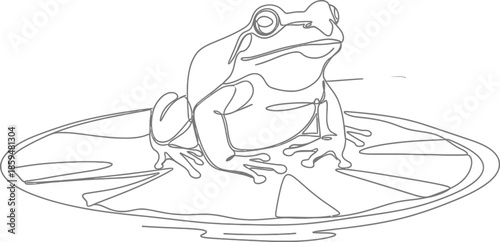Minimalist continuous line art drawing depicts a charming frog perched calmly upon a large lily pad floating gently upon the still water surface.
