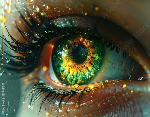 Emotional Surreal Close-Up of Human Eye with Glowing Iris and Water Droplets