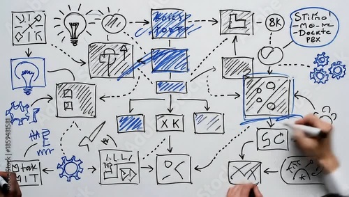 Strategic Roadmap Visualization: A detailed business plan unfolds as multiple hands collaboratively sketch ideas, connecting concepts and highlighting progress.