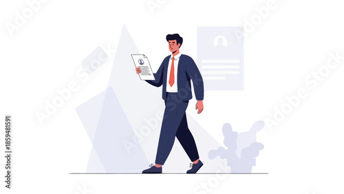 professional male worker in business suit walking confidently holding a digital tablet with a