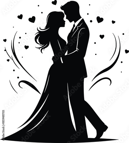 Romantic Couple Silhouette Embracing with Hearts and Swirls ? Elegant Love Vector for Valentine?s, Wedding, or Anniversary Designs