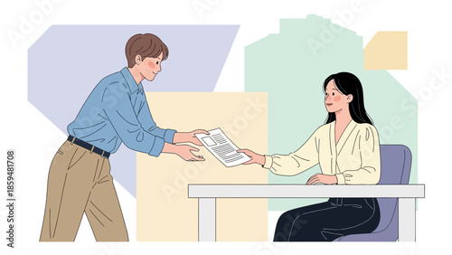 Personally handing over a document in an office setting during an interview or formal exchange