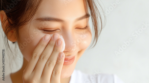 Close up of Asian woman gently massaging soft cream around face with cotton pad, smiling with closed eyes, skincare beauty routine concept