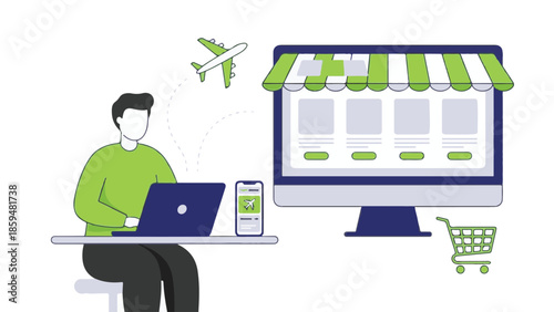 Man booking flight and shopping online with laptop, smartphone and desktop computer