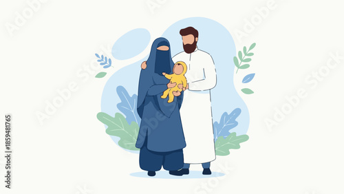 Muslim family with baby, man and woman in niqab, minimalist illustration