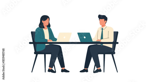 Professional Business Meeting Between Man and Woman Using Laptops at Conference Table