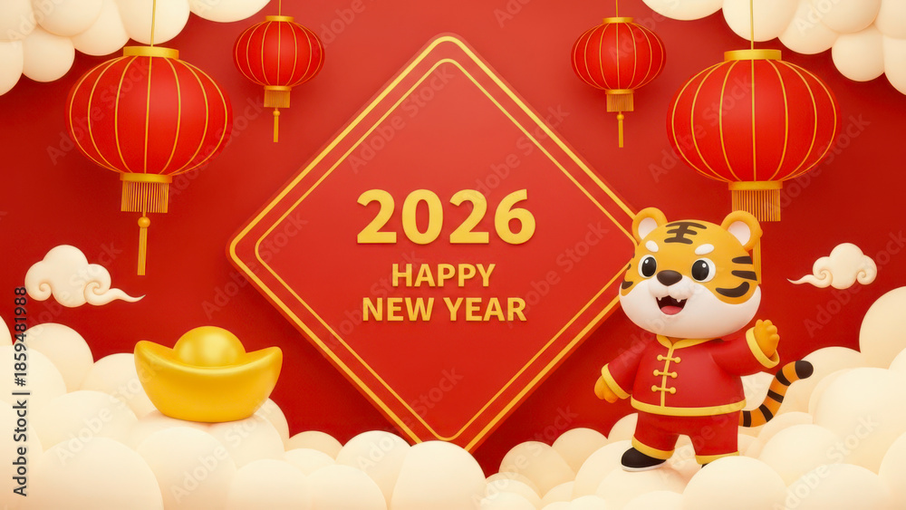 Fototapeta premium Happy new year 2026 celebrated with tiger and lanterns