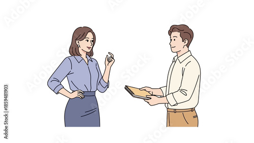 Professional Business Meeting Scene with a Woman and Man Engaged in Conversation