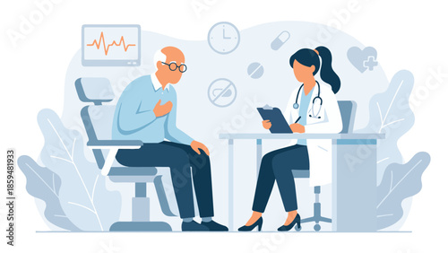 Elderly man with chest pain consults female doctor for medical advice.