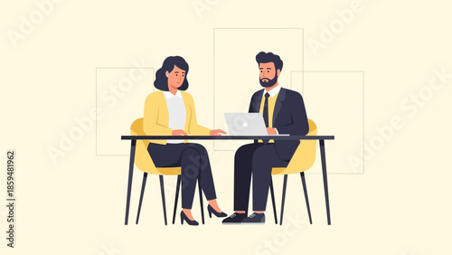 professional business meeting with two colleagues discussing ideas at a table in an office
