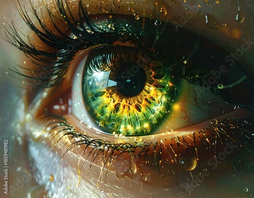 Emotional Surreal Close-Up of Human Eye with Glowing Iris and Water Droplets