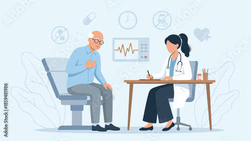 Doctor consulting senior man with chest pain symptoms, medical examination