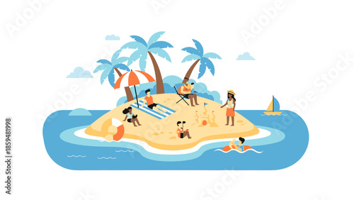 Relaxing tropical island scene with beachgoers, palm trees and sailing boat