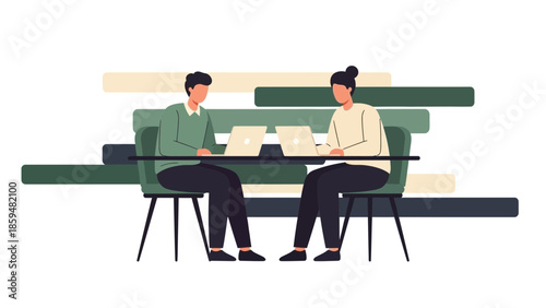 professional business meeting with two colleagues working on laptops in a modern office setting