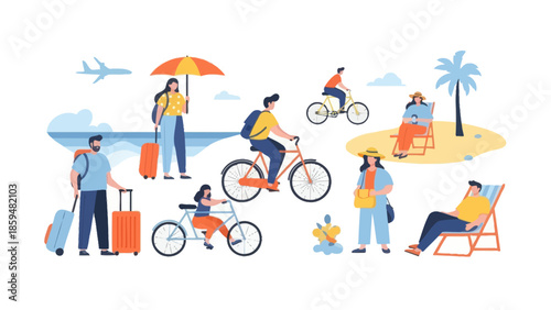 People Enjoying a Diverse Vacation Scene with Bicycles and Relaxation Activities