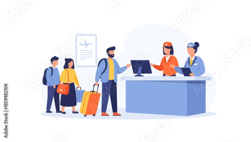 Travelers Checking In at Airport Reception with Luggage and Staff Assistance