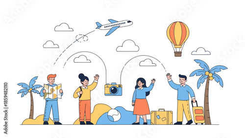 Adventurous family exploring tropical island with travel essentials and