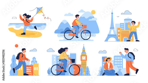 Vibrant city life scenes with outdoor activities and iconic landmarks