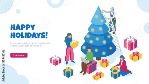 Isometric illustration of people celebrating holidays, decorating Christmas tree