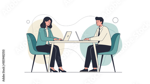 professional business meeting with two individuals working on laptops at a modern conference table