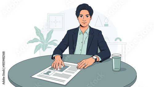 Professional businessman in a modern office at a round table reviewing documents and holding a pen