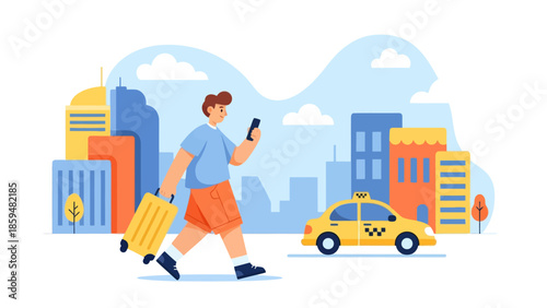 Young traveler walking with suitcase and smartphone through cityscape