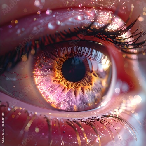 Emotional Surreal Close-Up of Human Eye with Glowing Iris and Water Droplets