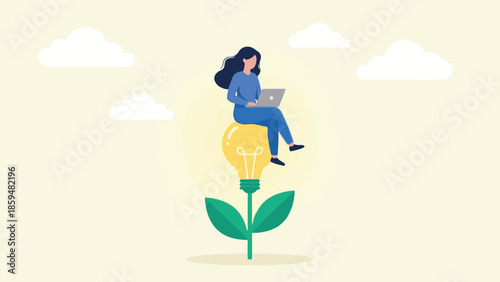 Woman on laptop, light bulb plant, symbolizing innovation and progress