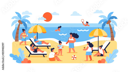 Vibrant beach scene with families enjoying sunbathing swimming and playing