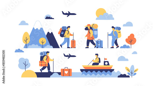 Adventurers Exploring Mountainous Trails and Navigating by Boat