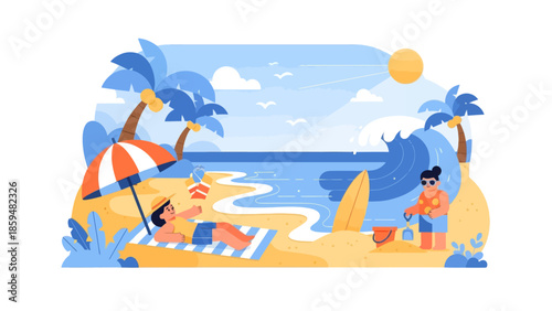 Sunlit Tropical Beach Scene with Kids Relaxing and Surfing Coastal Fun