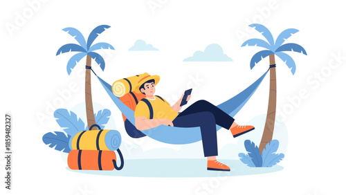 Relaxing tropical getaway scene with young traveler enjoying hammock leisure