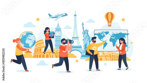 Dynamic travel adventure illustrating diverse explorers capturing global