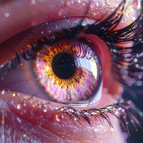 Emotional Surreal Close-Up of Human Eye with Glowing Iris and Water Droplets
