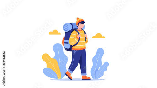adventurous hiker with backpack exploring outdoor nature scene with colorful
